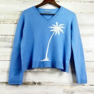 ALASHAN 100% Cashmere Blue Palm‎ Tree V Neck Sweater Womens Size M
